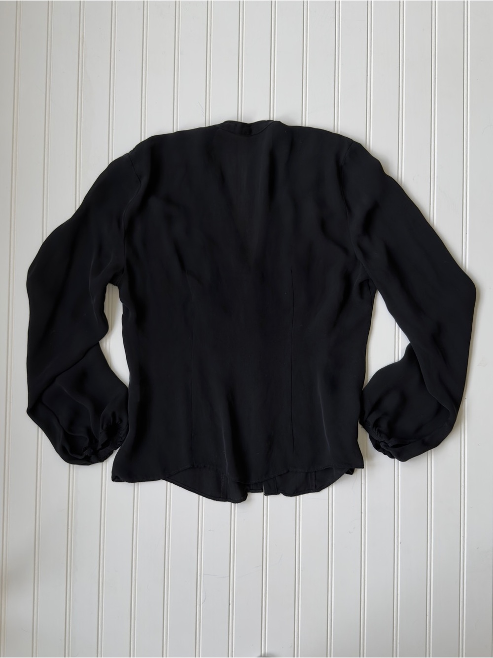 Black Pure Silk Blouse Pleated Front Button Up Bishop Sleeves Size Medium - Picture 4 of 7